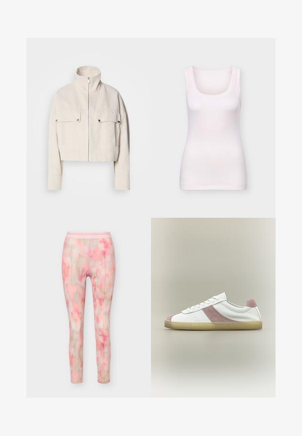 Veste courte beige en coton avec col montant, fermeture éclair à l'avant et deux poches poitrine à boutons-pression.; Débardeur blanc ajusté sans manches avec encolure dégagée, présenté sur un fond gris clair.; Pantalon slim avec motif aquarelle rose et beige, détails de couture à l'avant et taille élastique.; Baskets basses blanches avec des accents en daim rose sur le côté, le talon et l'avant-pied, avec des lacets blancs et une semelle beige sur un fond neutre.