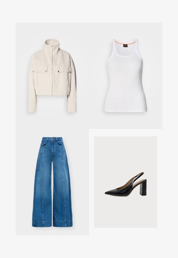 Veste courte beige en coton avec col montant, fermeture éclair à l'avant et deux poches poitrine à boutons-pression.; Débardeur blanc côtelé avec un col rond, présentant un design à bretelles étroites et un accent orange le long de l'intérieur du col. Logo de la marque affiché.; Pantalon en jean bleu à jambes larges, taille haute, bouton à l'avant, fermeture éclair et petites poches à rabat de chaque côté de la ceinture.; BOSS MIAH - Escarpins - black