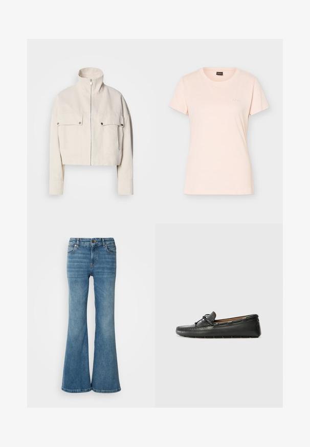 Veste courte beige en coton avec col montant, fermeture éclair à l'avant et deux poches poitrine à boutons-pression.; T-shirt rose clair à manches courtes avec col rond, petit logo BOSS embossé sur la poitrine gauche et étiquette noire à l'intérieur du col.; Jean évasé bleu clair en denim, doté de cinq poches, de coutures visibles, et d'une fermeture à bouton et à zip à la taille.; Bateau en cuir noir avec un bout arrondi, des détails de couture, un petit accent en nœud et une semelle en caoutchouc. Texture lisse et design épuré.