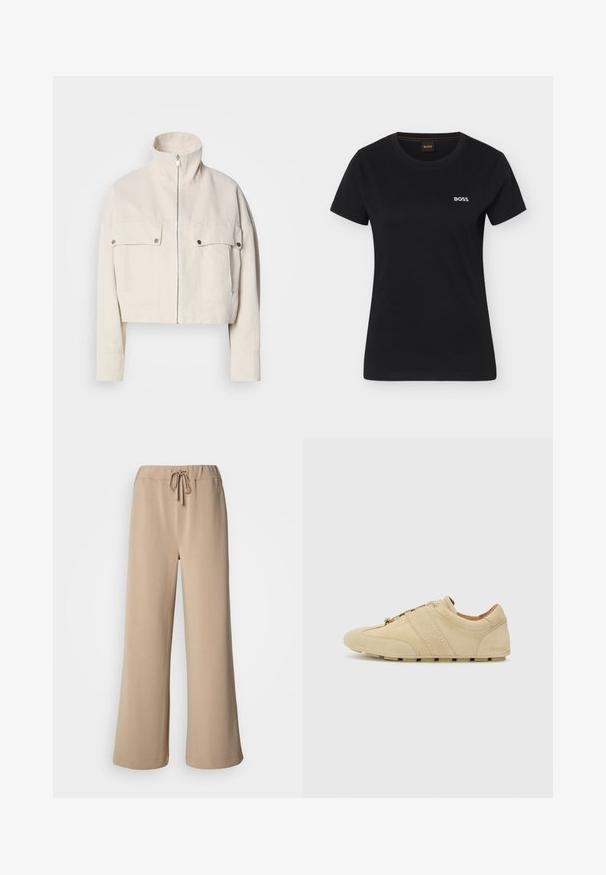 Korte beige jas van katoen met een hoge kraag, een ritssluiting aan de voorkant en twee borstzakken met drukknopen.; Zwart kort mouw dames T-shirt met ronde hals en klein wit "BOSS"-logo op de linkerbuste.; Beige wijde broek met elastische tailleband en trekkoord. Gemaakt van zachte stof met een gladde textuur, voorzien van een gestikte zoom.; Tan suède sneaker met een minimalistisch ontwerp, ronde neus en rubberen zool. Heeft twee verticale strepen en een vetersluiting. Soepele textuur.