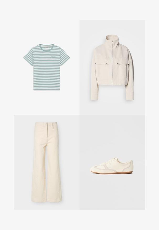 Veste courte beige en coton avec col montant, fermeture éclair à l'avant et deux poches poitrine à boutons-pression.; T-shirt à manches courtes avec col rond, rayures horizontales vert clair et blanches, et petit logo "Guess Jeans" sur la poitrine.; Pantalon crème taille haute à jambes larges avec bouton avant, fermeture éclair, passants pour ceinture, et détail subtil en tissu texturé.; Baskets couleur crème avec une tige en daim et tissu, un bout arrondi, et une semelle en caoutchouc avec un détail accent beige. Fermeture à lacets.