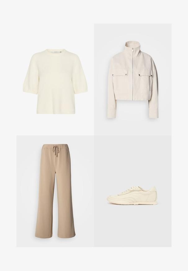 Kort beige jakke lavet af bomuld med høj krave, lynlåslukning foran og to brystlommer med trykknapper.; Kortærmet sweater med rund hals lavet af blødt, fluffy materiale i off-white. Har en afslappet pasform med ribbede cuffs og kant.; Beige bukser med vide ben, elastik i taljen og snøre. Fremstillet af blødt stof med en glat struktur og med en syning i kanten.; Lavprofileret sneaker i cremefarve med bølget syning, snørebånd og en rilleret sål, vist fra siden på en ensfarvet baggrund.
