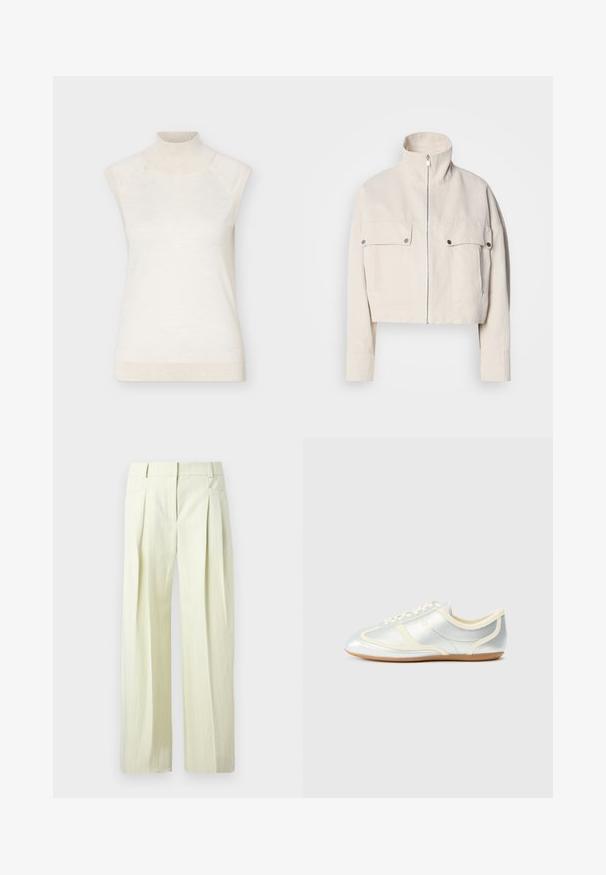 Veste courte beige en coton avec col montant, fermeture éclair à l'avant et deux poches poitrine à boutons-pression.; Pull sans manches à col roulé crème avec col et ourlet côtelés, présenté sur un fond clair uni.; Pantalon ample couleur crème avec fines rayures verticales, plis à l'avant, poches latérales, et passants pour ceinture.; Baskets synthétiques argentées avec accents crème, profil bas, bout arrondi et semelle en caoutchouc plate ; dotées de coutures classiques et d'une fermeture à lacets.
