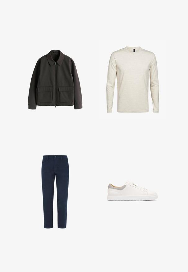 Mørkebrun lynlåstrøje med krave, lange ærmer og to store frontlommer med klap, vist på hvid baggrund.; Langærmet t-shirt i lysebeige, lavet af blødt bomuld. Har en rund hals og et minimalistisk design uden mønstre eller accenter.; Marineblå bomulds-chinos med knaplukning, lige ben og en glat tekstur. Har sidelommer og en enkelt baglomme.; Hvide lædersneakers med en grå ruskindshælpanel, flad hvid gummisål og rund tå, med metaløjer og snørebåndslukning.