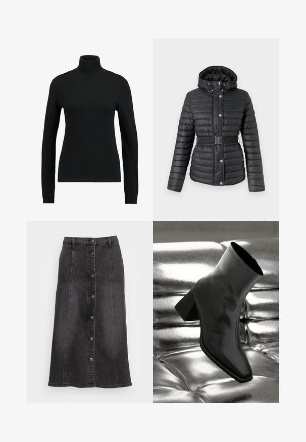 Doudoune noire à capuche, taille cintrée, texture brillante, boutons-pression, motif matelassé vertical. Comprend des cordons ajustables.; Pull à col roulant noir en tissu tricoté lisse. Dispose de manches longues et d'une coupe ajustée, avec des accents côtelés au niveau du col et de l'ourlet.; Jupe en denim noire en forme de A avec cinq boutons métalliques visibles à l'avant, taille haute et coutures apparentes. Texture lisse et design mi-long.; Botte noire à la cheville en matériau brillant avec un bout carré et un talon effilé, sur un fond argenté brillant et capitonné.