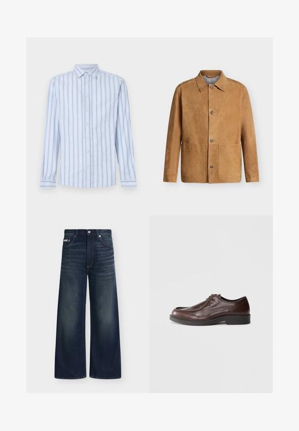Beige suède jack met knopen, puntige kraag en twee grote voorzakken, afgebeeld tegen een effen lichte achtergrond.; Lichtblauw overhemd met lange mouwen, voorzien van witte en marineblauwe verticale strepen, met button-down kraag en knoopsluiting aan de voorkant. Frisse stoftextuur.; Donkerblauwe denim jeans met wijde pijpen, voorzakken, riemlussen, knoopsluiting en subtiele vervaging op dijen en knieën.; Bruine leren nette schoen met een ronde neus, minimale stiksels en een stevige zwarte zool. Voorzien van vetersluiting en een gladde textuur.