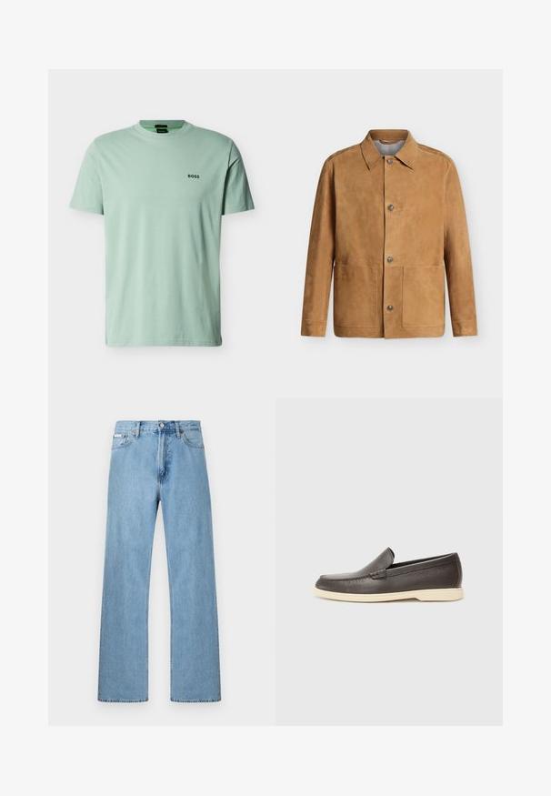 Veste en daim beige à boutons, col pointu et deux grandes poches avant, affichée sur un fond clair uni.; T-shirt vert clair à manches courtes avec col rond et petit logo noir "BOSS" sur le côté gauche de la poitrine sur un fond uni.; Jean en denim bleu clair coupe droite à cinq poches avec fermeture à boutons à la taille, présenté sur un fond uni.; Chaussures à enfiler en cuir marron avec une surface texturée et une semelle beige clair contrastante, présentant un bout arrondi et de minimalistes détails de couture.