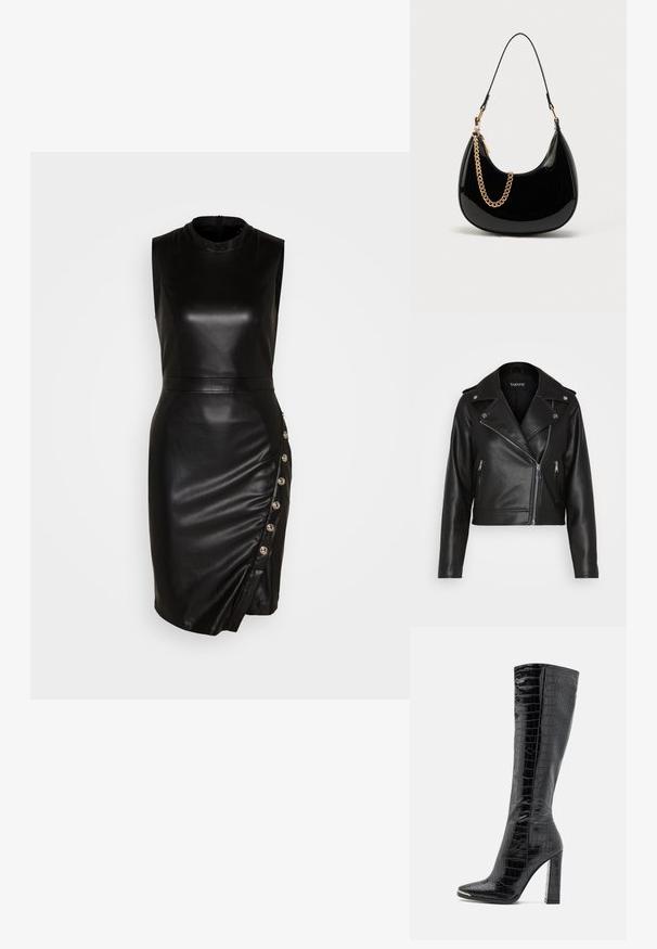 Veste de moto en cuir noir avec un design court, poches zippées, quincaillerie en métal argenté et larges revers. Texture lisse et style ajusté.; Robe sans manches en cuir noir avec un col haut, une silhouette ajustée, un ourlet asymétrique et des boutons décoratifs le long de la couture latérale.; RAID JOCELYN - Bottes - black; Sac à main en cuir verni noir avec une forme courbée, une fine bandoulière et un accent chaîne dorée sur le devant. Texture lisse, design minimaliste.