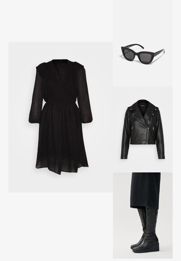 Zwarte leren motorjack met een cropped ontwerp, ritszakken, zilveren hardware en brede revers. Glad textuur en getailleerde stijl.; ONLY ONLLONDON DRESS - Jurk - black; Zwarte leren knielange laarzen met een sleehak, met een gladde textuur en een zijrits. Ontworpen met een slanke, aansluitende silhouet.; Zwarte cat-eye zonnebril met een matte afwerking, voorzien van grijs getinte glazen, scherpe hoeken en slanke zijarmen. Merkennaam zichtbaar op de binnenarm.