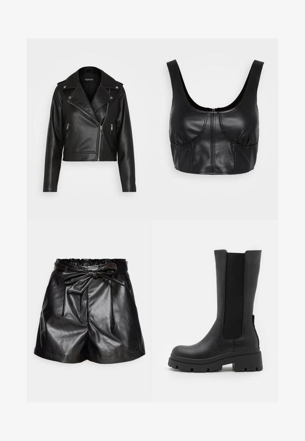 Zwarte leren motorjack met een cropped ontwerp, ritszakken, zilveren hardware en brede revers. Glad textuur en getailleerde stijl.; Noisy May NMPAULO CROP TOP - Top - black; Zwarte faux leren shorts met een gathered tailleband, een gestrikt riempje, plooien en zijzakken. Soepele textuur en een getailleerde pasvorm.; ONLY SHOES ONLDOJA - Plateaulaarzen - black