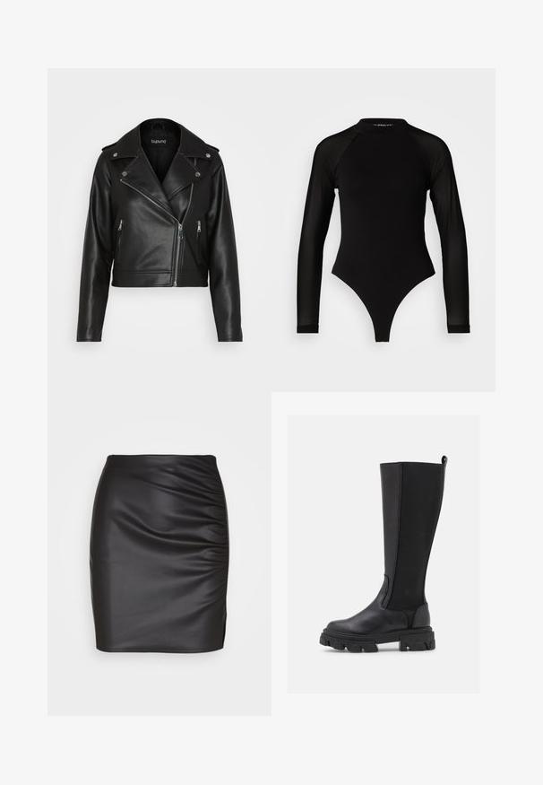 Schwarze Leder-Motorradjacke mit einem cropped Design, mit Reißverschlusstaschen, silbernen Beschlägen und breiten Revers. Glatte Textur und taillierter Schnitt.; Schwarzer Langarm-Body mit hohem Kragen, bestehend aus festem Stoff im Torso und transparenten Netzärmel, entworfen in einer körperbetonten Form.; Schwarze Kunstleder-Rock, tailliert, mit geraffter Struktur auf einer Seite und einem kleinen Schlitz am Saum, was eine elegante Silhouette erzeugt.; Schwarze kniehohe Stiefel mit einer glatten Lederfront und einem strukturierten Stoffrücken, ausgestattet mit einer kräftigen, genoppten Sohle und einer Zuglasche für ein einfaches Anziehen.