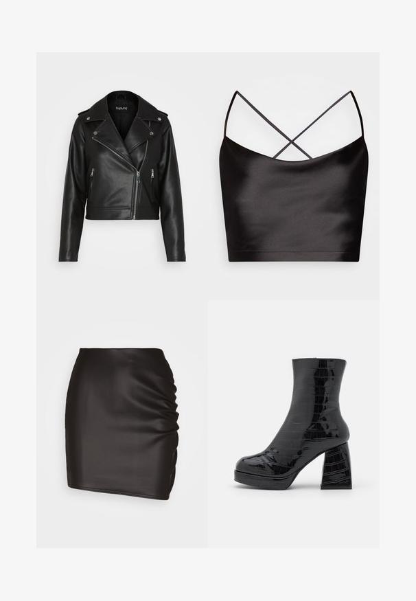 Sort lædermotorcykeljakke med en kort design, lynlåslommer, sølvhardware og brede slag. Glat tekstur og tætsiddende stil.; Even&Odd by Zalando Top - black; Sort mini skirt lavet af glat syntetisk materiale, med rynket detaljer på den ene side og en tætsiddende silhuet.; Even&Odd by Zalando Plateaustøvletter - black