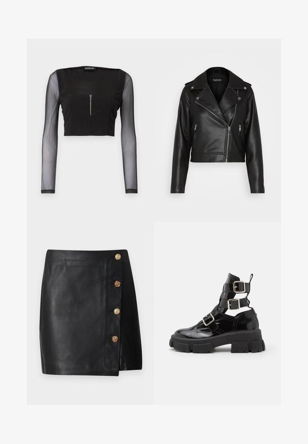 Sort lædermotorcykeljakke med en kort design, lynlåslommer, sølvhardware og brede slag. Glat tekstur og tætsiddende stil.; Sort crop top med firkantet halsudskæring, fremstillet i uigennemsigtigt stof med gennemsigtige lange ærmer. Frontlynlås tilføjer detalje til designet.; Sort mini nederdel i kunstlæder med asymmetrisk front og fire dekorative gyldne knapper på højre side.; Steve Madden TIED UP - Plateaustøvletter - black