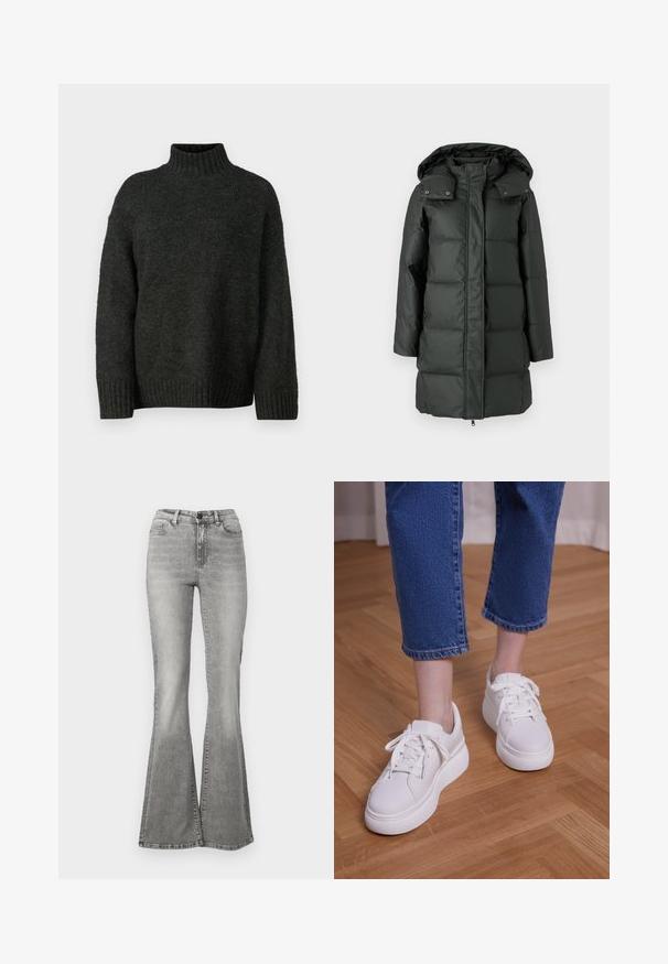 Dunjakke i mørkegrøn med aftagelig hætte, quiltet tekstur, lynlås lukning og trykknapper ved kraven og lommerne.; Vero Moda Tall VMMADDIE HIGHNECK PULL - Striktrøje - dark grey melange; Grå udvidede jeans lavet af denim, med høj talje, forlommer og en falmende effekt. Vidden i buksebenene er lidt bredere, hvilket skaber en udvidet form.; Ben iført cropped blå jeans og hvide snørebånds-plateausneakers, stående på lyst trægulv.