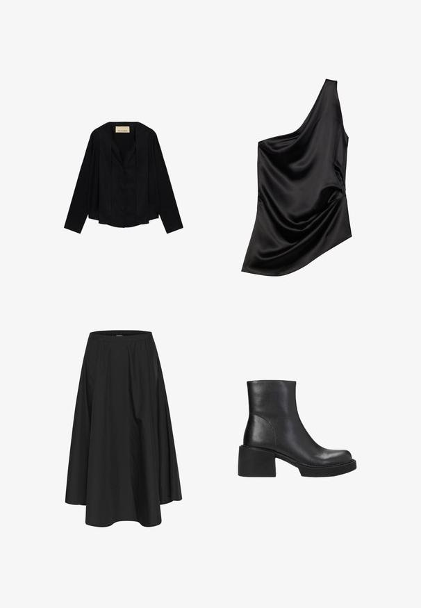 Zwarte blouse met lange mouwen, open voorkant met geplooide panelen, licht cropped zoom en Trussardi-label bij de halslijn.; Zwarte satijnen top met een asymmetrische halslijn, gedrapeerde stofdetails en een zachte textuur. Kenmerkt zich door één schouder en een vloeiende silhouet.; Zwarte knielange rok met een elastische tailleband, voorzien van plooien voor volume en een soepele textuur. Eenvoudig, klassiek ontwerp zonder versieringen.; Zwarte leren enkelboot met een ronde neus, een gemiddelde blokhak en een gladde textuur. Heeft een minimalistisch ontwerp en contrasterende stiksels.