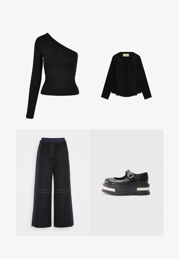 Sort langærmet bluse med åbne front-plisserede paneler, let cropped kant og Trussardi-mærke ved halsudskæringen.; Sort langærmet top med en asymmetrisk halsudskæring. Fremstillet af glat stof, tætsiddende design og en buet kant. Uden mønstre eller dekorationer.; 3.1 Phillip Lim COMBO UTILITY PANT - Bukser - black eclipse; Sort læder Mary Jane-sko med sølvspænde, tyk platformssål og metalliske sølvdetaljer på den strukturerede gummisål.