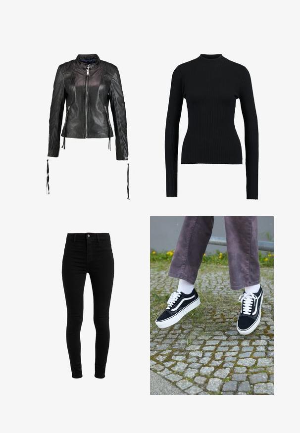 Maze LINDSEY - Læderjakker - black; Sort ribbet turtleneck sweatertype med lange ærmer og en tætsiddende pasform, der har en glat tekstur og en struktureret silhuet.; Sorte skinny jeans lavet af denim, med høj talje, fem-lomme design og knaplukning. Glat tekstur, uden synlige mønstre.; Sorte ruskinds sneakers med hvide accenter, med rund tå, tyk hvid sål og klassisk snørebåndsdesign, båret med hvide sokker og lilla bukser.