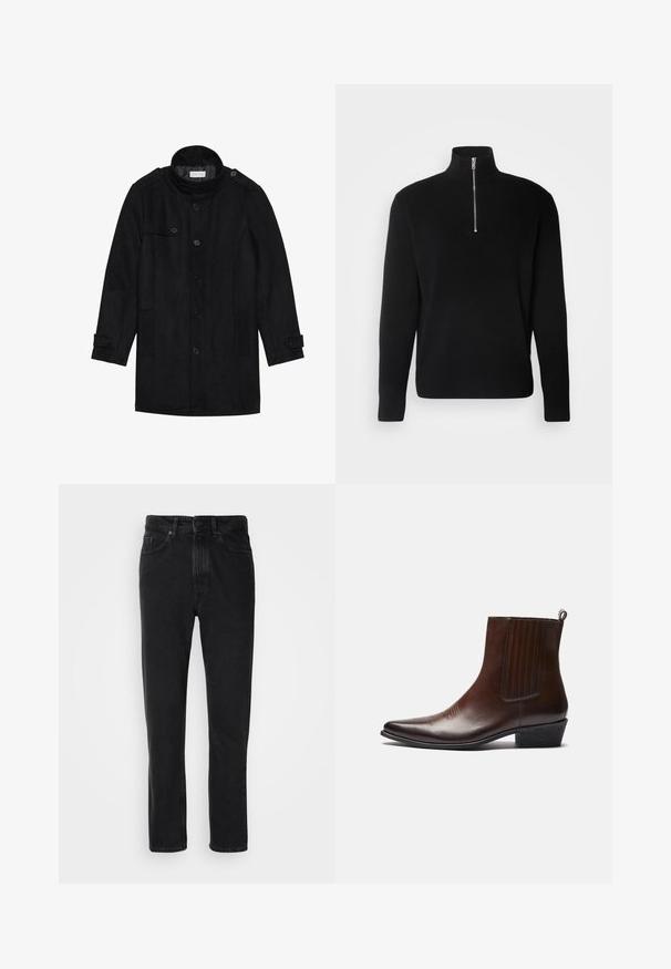 Schwarzer Wollmantel mit hohem Kragen, knöpfbarem Frontverschluss, zwei Seitentaschen und Knopfakzenten an den Ärmeln. Minimalistisches Design und glatte Textur.; Lindbergh HALF ZIP RIB KNIT - Strickpullover - black; Schwarze Denim-Jeans mit geradem Beinschnitt, ausgestattet mit einem Knopf- und Reißverschluss, Fronttaschen und subtiler Textur.; Braune Leder-Ankle-Boots mit spitzer Spitze, elastischen Seitenteilen, strukturierten Details auf der Vorderseite und einem niedrigen, gestapelten Absatz.