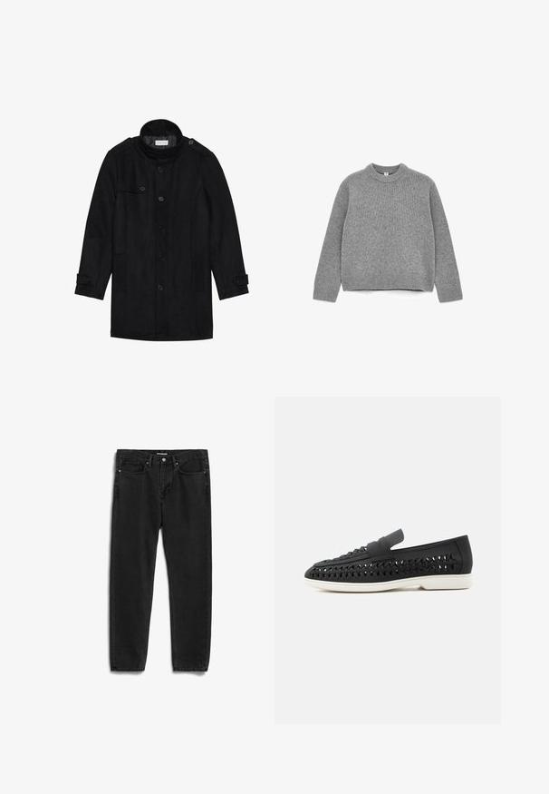 Schwarzer Wollmantel mit hohem Kragen, knöpfbarem Frontverschluss, zwei Seitentaschen und Knopfakzenten an den Ärmeln. Minimalistisches Design und glatte Textur.; Grauer Strickpullover mit rundem Halsausschnitt, langen Ärmeln, gerippten Bündchen und Saum sowie einer weichen Textur.; Schwarze Jeans aus Denim mit geradem Bein, ausgestattet mit fünf Taschen, einem Frontreißverschluss und einem metallenen Knopfverschluss. Weiche Textur und minimalistische Details.; Schwarzer gewebter Leder-Halbschuh zum Hineinschlüpfen mit weißer Sohle, niedrigem Absatz und perforierten Seiten zur Belüftung, seitlich dargestellt.