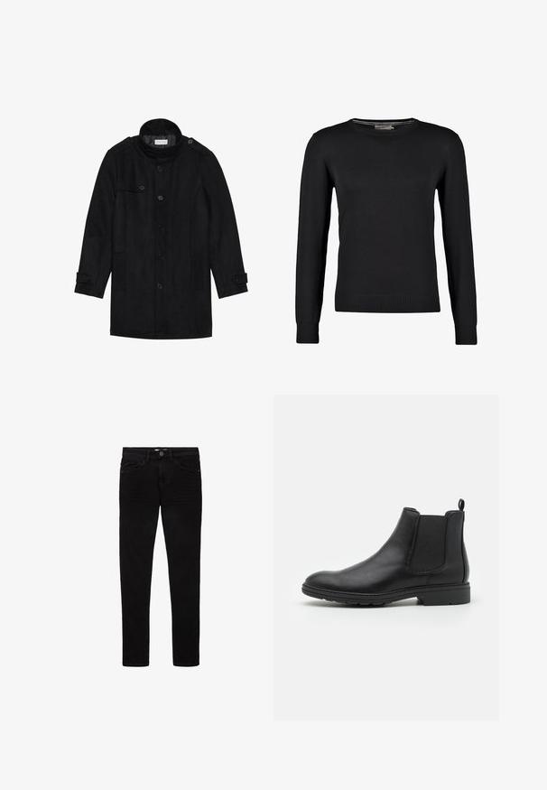 Sort uldfrakke med høj krave, knaplukning foran, to sidelommer og knapdetaljer på ærmerne. Minimalistisk design og glat tekstur.; Sort strikket sweater med lange ærmer, rund halsudskæring samt ribbede manchetter og bund. Glat tekstur og tætsiddende design.; Sorte jeans lavet af denim, med et slim fit design, fem lommer og en knaplukning. Glat tekstur og minimale syninger.; Sort læder Chelsea-boot med elastiske sidepaneler og en løftestrop, der har en rund tå og en tekstureret gummisål.
