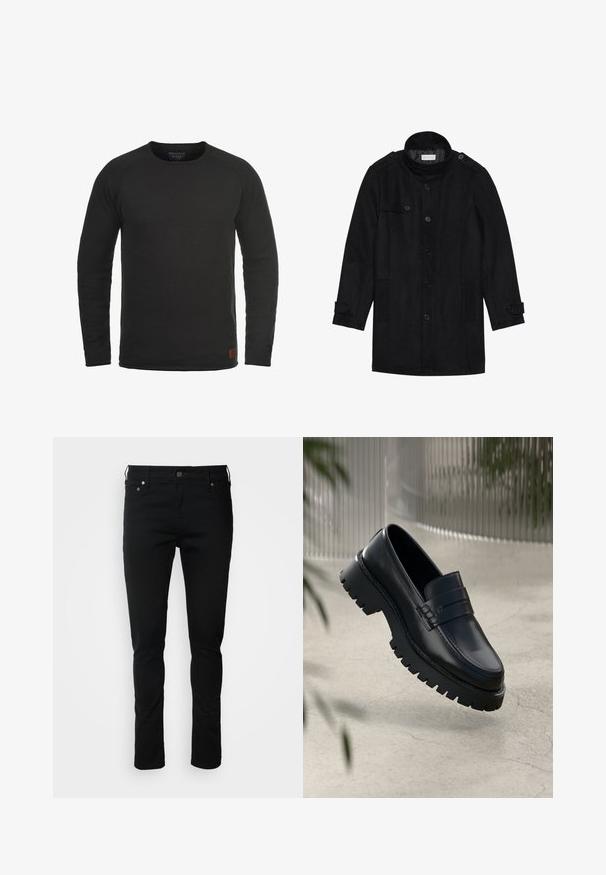 Manteau en laine noir avec un col haut, fermeture à boutons à l'avant, deux poches latérales et des accents de boutons sur les manches. Design minimaliste et texture lisse.; Sweatshirt noir à manches longues et col rond, fabriqué en tissu texturé, avec un petit patch de marque marron sur le côté inférieur droit.; Jeans en denim noir avec une coupe slim, dotés d'une fermeture éclair, de passants de ceinture et de poches avant. Texture lisse, détails minimaux, design classique.; Mocassins en cuir noir avec une semelle à crampons épaisse, dotés d'une sangle décorative et de détails de couture. Texture lisse avec une finition polie.