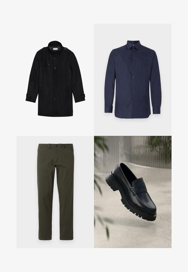 Sort uldfrakke med høj krave, knaplukning foran, to sidelommer og knapdetaljer på ærmerne. Minimalistisk design og glat tekstur.; Mørkeblå skjorte med knapper, lavet af glat stof, med en klassisk krave, lange ærmer og syv sorte knapper ned foran.; Olivengrønne, lige ben bukser lavet af en blanding af bomuldsstof. Har en lynlås foran, bæltesløjfer og to sidelommer. Glat tekstur.; Sorte læder loafers med en chunky sål, der har en dekorativ rem og syninger. Glat tekstur med en poleret overflade.