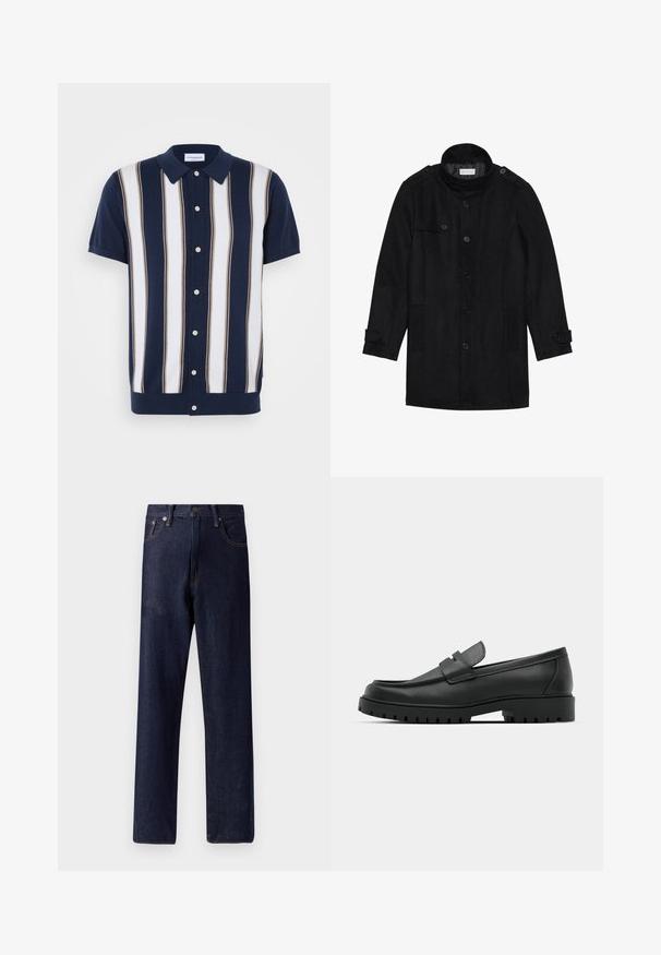 Manteau en laine noir avec un col haut, fermeture à boutons à l'avant, deux poches latérales et des accents de boutons sur les manches. Design minimaliste et texture lisse.; Polo à manches courtes avec une base bleu marine et des rayures verticales blanches et beiges. Il comporte un col et une fermeture à boutons.; Jean en denim bleu foncé avec une coupe droite, cinq poches et des détails de couture subtils. Taille mi-haute avec bouton en métal et fermeture éclair.; Mocassins en cuir noir à bout arrondi, avec un design cousu, une semelle plateforme basse et une semelle en caoutchouc texturée et crantée.