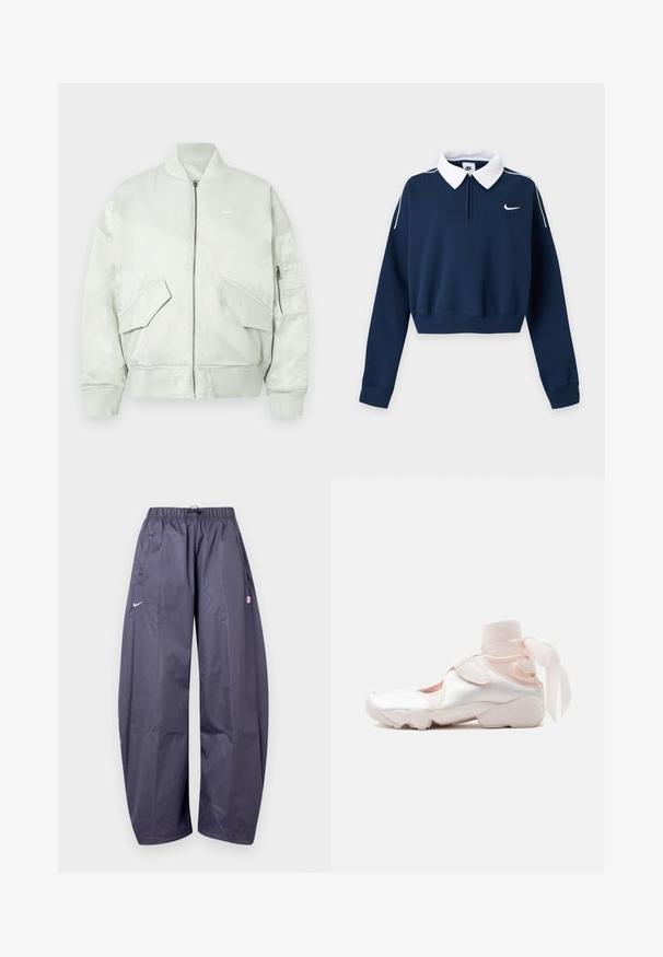 Lichtgrijze bomberjack van glanzende stof, voorzien van ribgebreide kraag en manchetten, ritssluiting en meerdere voorkanten zakken met schuine kleppen.; Donkerblauw cropped sweatshirt met lange mouwen, witte kraag, klein wit Nike swoosh-logo op de linkerborst en witte biezen op de schouders.; Loszittende donkergrijze Nike-trainingsbroek met elastische tailleband, zijzakken en een klein roze logo op de rechterdij.; Witte en lichtroze sneaker met zachte stoffen enkelwikkeling gestrikt in een strik, met verstelbare riem en afgeronde zool.