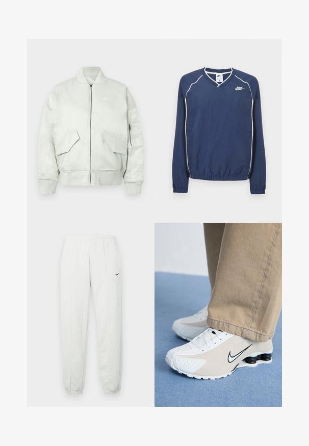 Kerge hall bomber-jakk, mis on valmistatud läikivast kangast, ribiga krae ja mansettidega, lukuga kinnitamine ning mitmete esipocketitega, millel on kaldu klapid.; Sügavsinisest Nike pikakäeline pullover V-kaelusega, valgete õmblusteta triipudega ja elastsete mansettide ning äärega. Vasakul rinnal on logo.; Heledatad hallid Nike dressipüksid elastse vöökohaga, kitsenevate mansettidega ja väikese musta logoga vasakul reiel. Pehme, tekstuuriga kangas.; Valged ja beežid Nike'i tossud, millel on perforatsioonimuster, must swoosh-logo, tekstuurne pealis ja eriline veniv must konts.