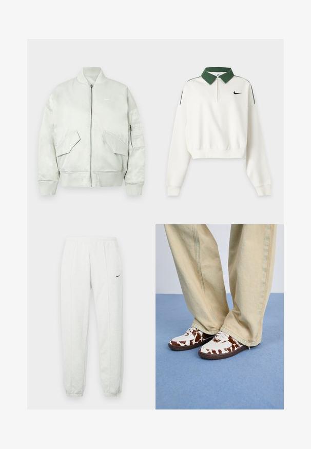 Lys grå bomberjakke lavet af blankt stof, med ribbet krave og manchetter, lynlås lukning og flere frontlommer med skrå klapper.; Hvid cropped sweatshirt med lange ærmer, grøn krave, lynlås foran, sort Nike Swoosh-logo på brystet og grønne skulderstriber.; Lysegrå Nike joggingbukser med elastisk taljebånd, tilspidsede manchetter og et lille sort logo på venstre lår. Blødt, tekstureret stof.; Hvide og brune mønstrede sneakers i mesh og læder med brune gummisåler. Matchet med lyse beige bukser med vide ben.
