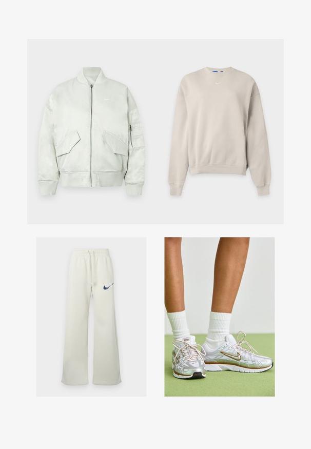 Lichtgrijze bomberjack van glanzende stof, voorzien van ribgebreide kraag en manchetten, ritssluiting en meerdere voorkanten zakken met schuine kleppen.; Lichtbeige Nike crewneck-trui met lange mouwen, geribbelde boorden en zoom, en een klein wit Nike swoosh-logo op de borst.; Crème-kleurige sweatpants van een katoenmix, met een relaxte pasvorm, elastische tailleband met trekkoord en een marineblauw Nike-logo aan de voorkant.; Zilveren sportschoenen met witte en gouden accenten, voorzien van een mesh bovenkant, rubberen zool en een reflecterende afwerking. Sokken zichtbaar boven de enkel.
