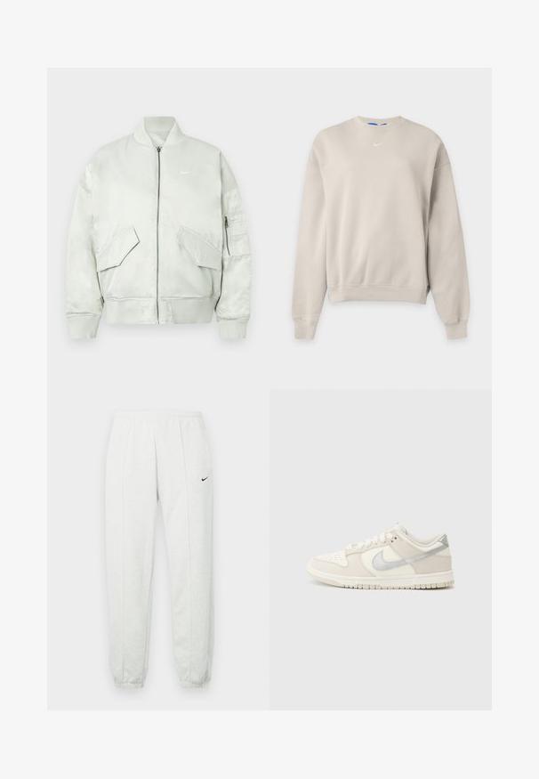 Lichtgrijze bomberjack van glanzende stof, voorzien van ribgebreide kraag en manchetten, ritssluiting en meerdere voorkanten zakken met schuine kleppen.; Lichtbeige Nike crewneck-trui met lange mouwen, geribbelde boorden en zoom, en een klein wit Nike swoosh-logo op de borst.; Lichtgrijze Nike joggingbroek met een elastische tailleband, taps toelopende boorden en een klein zwart logo op de linker dij. Zachte, gestructureerde stof.; Lage sneakers in off-white leer en suède, met een zilveren Swoosh-logo, geperforeerde neus en een gegooid rubberen zool.