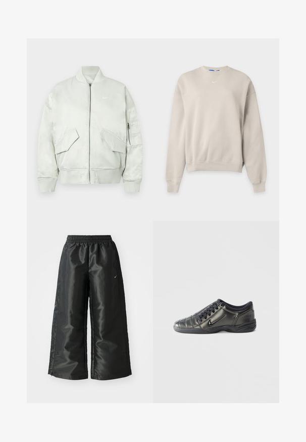 Lys grå bomberjakke lavet af blankt stof, med ribbet krave og manchetter, lynlås lukning og flere frontlommer med skrå klapper.; Lysebeige Nike crewneck sweatshirt med lange ærmer, ribstrikkede manchetter og kant samt et lille hvidt Nike swoosh-logo på brystet.; Sorte sportsbukser i et blankt, glat stof med en elastisk talje, brede ben og et lille logo på venstre side.; Sort lavtop Nike-sneaker med snørebånd, syet detaljering og en tekstureret sål imod en simpel hvid baggrund.