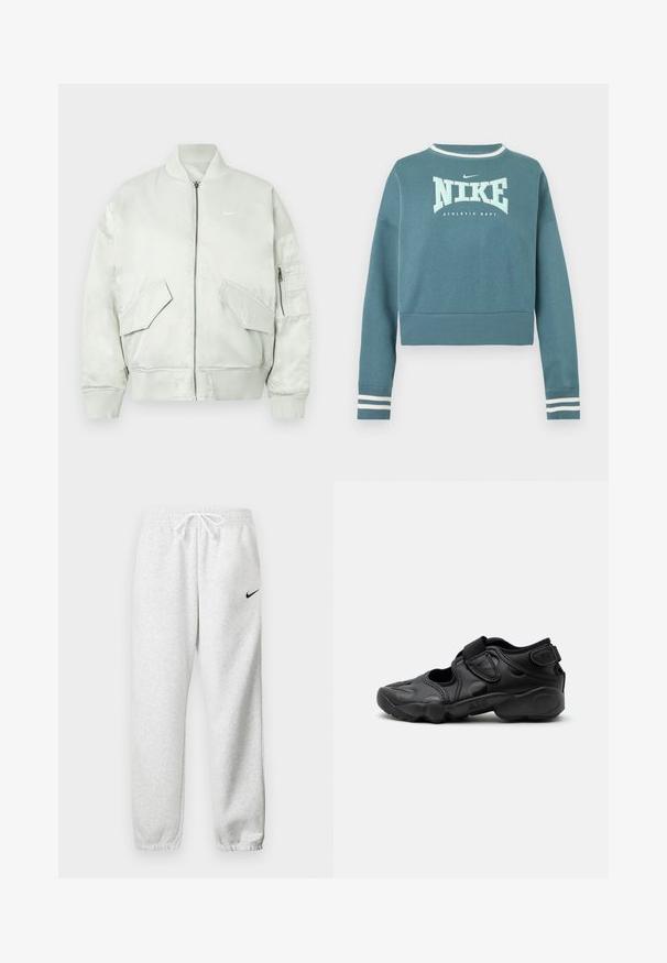 Lichtgrijze bomberjack van glanzende stof, voorzien van ribgebreide kraag en manchetten, ritssluiting en meerdere voorkanten zakken met schuine kleppen.; Afgekorte sweatshirt met lange mouwen in petrolkleur met wit Nike-logo, tekst "ATHLETIC DEPT." en wit gestreepte manchetten en halslijn.; Grijze joggingsbroek van een zachte stof, met een elastische tailleband met trekkoord en een klein zwart Nike-logo op de linker bovenbeen.; Zwarte sportieve sandaal met gesloten neus, klittenbandriemen op de middenvoet en hiel, en een dikke gewatteerde zool met de tekst "AIR" aan de zijkant.