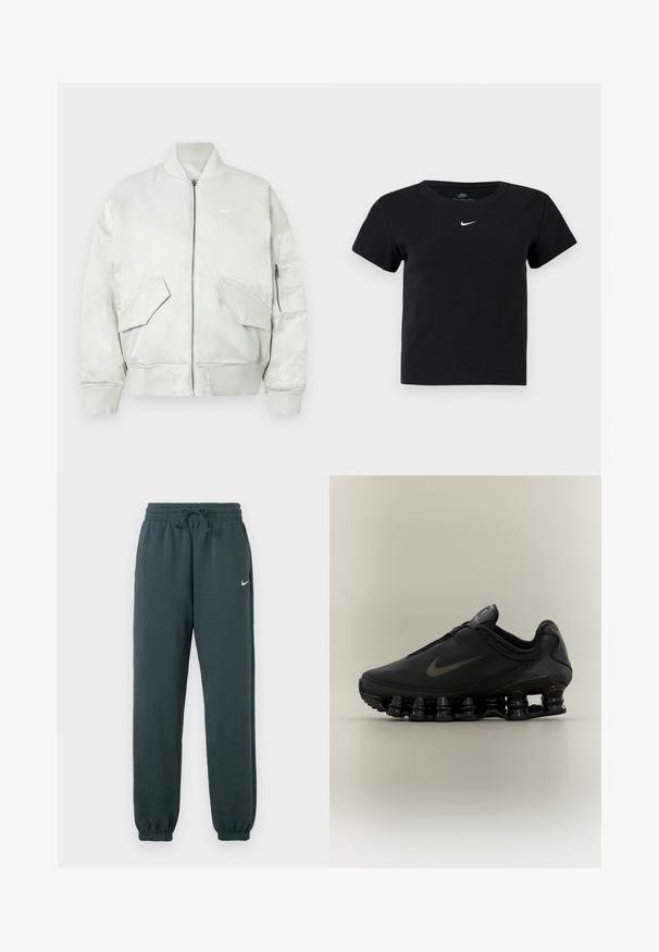 Lichtgrijze bomberjack van glanzende stof, voorzien van ribgebreide kraag en manchetten, ritssluiting en meerdere voorkanten zakken met schuine kleppen.; Zwart geribbeld T-shirt met korte mouwen, voorzien van een klein wit Nike-logo op de borst en een ronde halslijn.; Donkergroene Nike joggingbroeken van zachte stof, met een elastische tailleband met verstelbaar koord en manchetuitslagen.; Zwarte Nike-sneaker met een bovendeel met ritssluiting en een kenmerkende veerachtige, gesegmenteerde zool, weergegeven in zijaanzicht op een neutrale achtergrond.