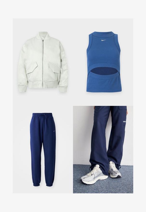 Lys grå bomberjakke lavet af blankt stof, med ribbet krave og manchetter, lynlås lukning og flere frontlommer med skrå klapper.; Blå ærmeløs Nike crop top med høj hals og udskæring ved maven, ribbet stof og hvid Swoosh-logo foran midt på.; Mørkeblå sweatpants lavet af blødt stof, med elastisk talje med snøre, elastiske manchetter og et lille hvidt logo.; Nike sportssko med en sølvfarvet mesh-overdel, hvide detaljer og strukturerede såler, parret med løstsiddende navy bukser.