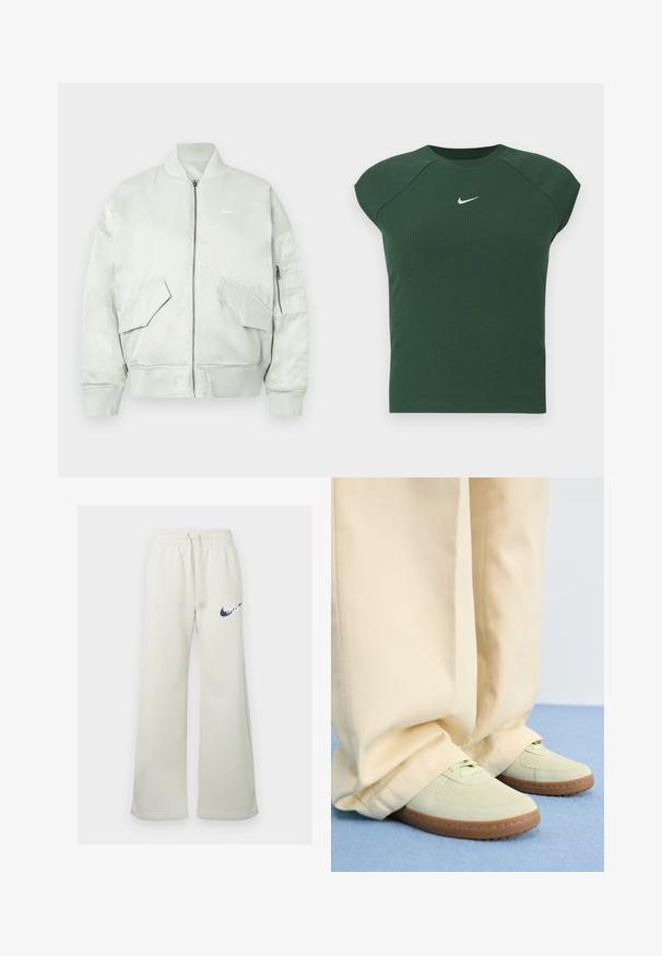 Veste bomber gris clair en tissu brillant, avec un col et des poignets côtelés, fermeture éclair, et plusieurs poches avant avec des rabats inclinés.; Haut de sport à manches courtes côtelé vert foncé avec un col rond, présentant un petit logo Nike en swoosh blanc sur la poitrine.; Pantalons de jogging couleur crème en mélange de coton, avec une coupe décontractée, une taille élastique avec cordon de serrage, et un logo Nike bleu marine sur le devant.; Baskets en daim vert avec des bouts ronds et des semelles texturées, associées à un pantalon beige large, sur une surface bleue.