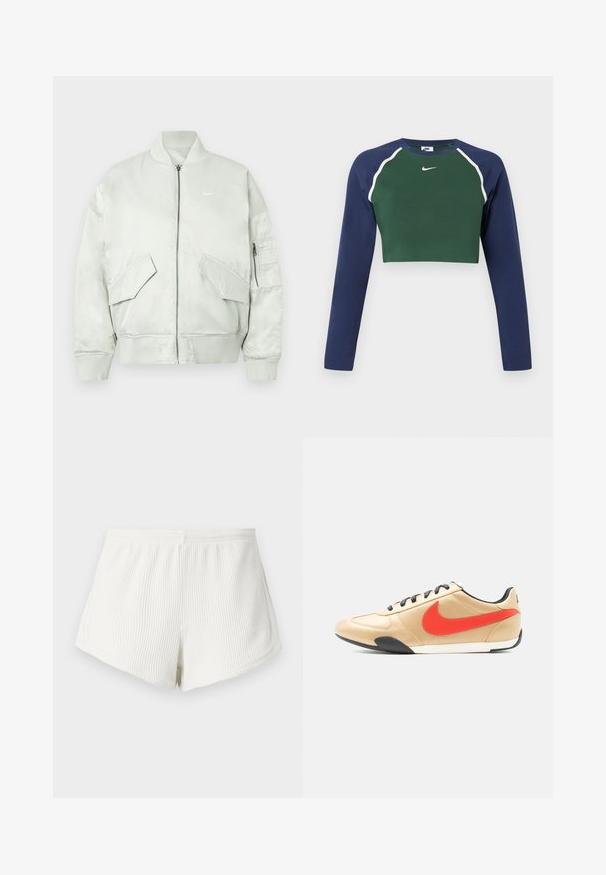 Veste bomber gris clair en tissu brillant, avec un col et des poignets côtelés, fermeture éclair, et plusieurs poches avant avec des rabats inclinés.; Sweatshirt court à manches longues avec un devant vert foncé, des manches bleu marine, des passepoils blancs et le logo swoosh blanc de Nike sur la poitrine.; Shorts en tissu côtelé blanc avec une taille élastique, présentant une coupe décontractée et un ourlet incurvé. Détail de couture arrière visible.; Baskets en cuir beige avec lacets noirs, logo Nike rouge sur le côté et semelle noire et blanche, vues de l'extérieur.