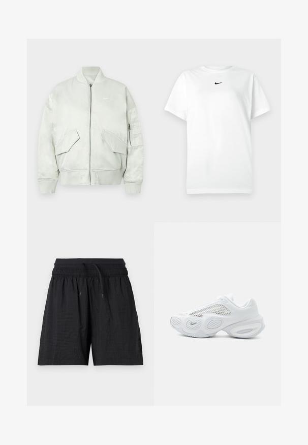 Veste bomber gris clair en tissu brillant, avec un col et des poignets côtelés, fermeture éclair, et plusieurs poches avant avec des rabats inclinés.; T-shirt blanc à manches courtes avec col ras du cou, portant un petit logo Nike en forme de swoosh noir centré sous le col.; Short de sport noir texturé avec taille élastique, cordon ajustable et poches latérales, présenté sur un fond blanc.; Baskets de sport blanches avec panneaux en mesh, semelle arrondie et petit logo Nike près des orteils sur un fond clair uni.