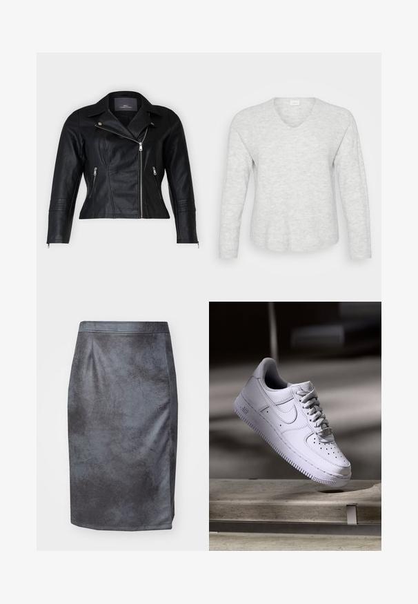 Schwarze Leder-Bikerjacke mit tailliertem Schnitt, eingekerbten Revers, zwei Reißverschlussfronttaschen und strukturierten Schulterakzenten.; Hellgrauer Langarmpullover mit geripptem Textur, V-Ausschnitt und leicht abgerundetem Saum. Weiches Material mit subtilen Mustervariationen.; Grauer Kunstleder-Bleistiftrock mit glatter Textur, hoher Taille und Schlitzdetail auf der linken Seite. Keine sichtbaren Verschlüsse oder Muster.; Weißer Nike Air Force 1 Sneaker schwebt über einer Betonoberfläche mit Schatten in einem minimalistischen Umfeld.