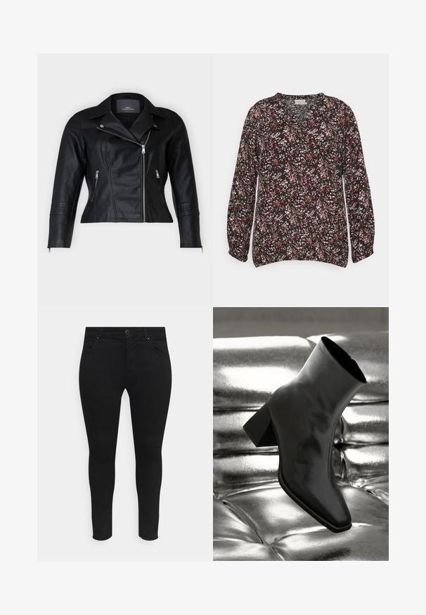 Chaqueta de moto de cuero negro con un corte ajustado, solapas muesca, dos bolsillos frontales con cremallera y acentos texturizados en los hombros.; Blusa floral en negro con pequeños patrones en rosa, blanco y verde. Cuenta con escote en forma de V y mangas largas con fruncido. Fabricada en tejido ligero.; Vaqueros skinny negros hechos de una tela elástica, con bolsillos delanteros, cierre de botón y un diseño elegante sin patrones ni adornos visibles.; Botín negro de tobillo hecho de material brillante, con punta cuadrada y tacón cónico, contra un fondo plateado brillante con almohadillado.