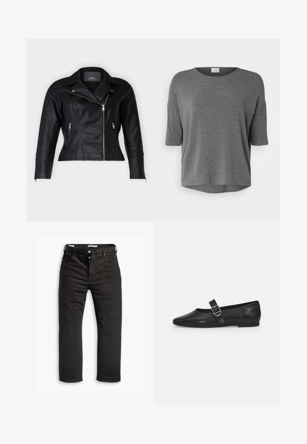 Schwarze Leder-Bikerjacke mit tailliertem Schnitt, eingekerbten Revers, zwei Reißverschlussfronttaschen und strukturierten Schulterakzenten.; Graues Kurzarmoberteil aus weichem Material mit lockerer Passform, rundem Ausschnitt und abgerundetem Saum. Keine auffälligen Muster oder Akzente.; Schwarze Denim-Jeans mit geradem Bein, ausgestattet mit einem Knopfverschluss, fünf Taschen und dezentem Stickdetail. Angenehme Textur.; Schwarzer Lederflatschuh mit runder Zehenform, einem verstellbaren Schnallenriemen und einer glatten, glänzenden Oberfläche. Minimalistisches Design mit einem niedrigen Absatz.