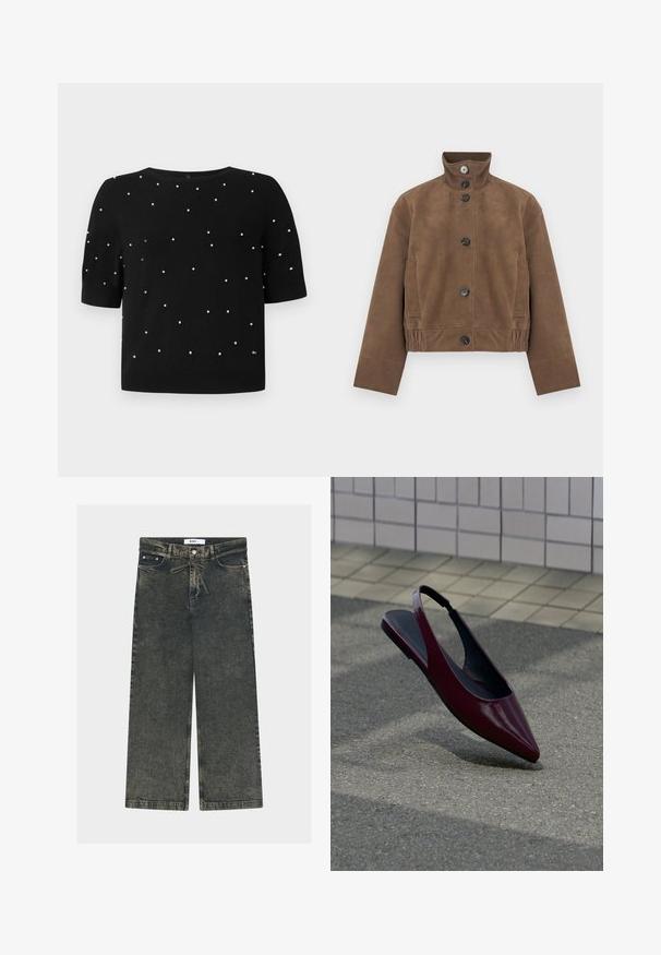 Veste en daim marron avec un col montant, cinq boutons noirs, des poches latérales et un ourlet élastiqué pour une coupe structurée.; Pull noir à manches courtes avec un col rond et des accents en perles blanches dispersées sur le devant. Tissu tricoté avec une texture lisse.; Jeans à jambes larges en denim gris foncé avec une finition texturée, dotés d'une fermeture à bouton, de passants de ceinture et de poches avant.; Chaussure plate slingback en cuir verni marron avec bout pointu flottant au-dessus d'un trottoir texturé près d'un mur carrelé.