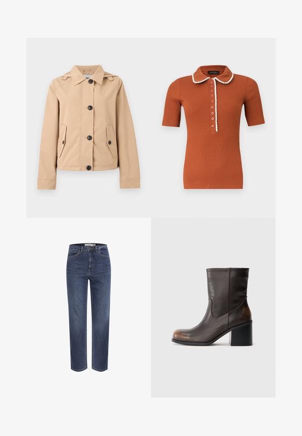 Beige Hemdjacke mit Kragen, zwei vorderen Klappentaschen, langen Ärmeln und Schulterriemendetails.; Kurzärmeliges Poloshirt in Rostfarbe mit Rippstruktur, rundem Kragen und sieben Knöpfen, mit weißer Umrandung entlang des Kragens und der Knopfleiste.; Blaue Jeans mit geradem Bein, vorderen Taschen, Gürtelschlaufen und Knopfverschluss, dargestellt vor weißem Hintergrund.; Dunkelbraune Lederstiefel in Knöchelhöhe mit runder Zehenpartie und Blockabsatz, die subtile Abnutzungserscheinungen an Zehen- und Fersenbereich zeigen.