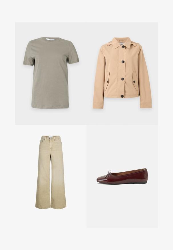 Beige Hemdjacke mit Kragen, zwei vorderen Klappentaschen, langen Ärmeln und Schulterriemendetails.; Khakifarbenes T-Shirt mit kurzen Ärmeln aus weichem Stoff. Rundhalsausschnitt; gerader Saum. Minimalistisches Design ohne sichtbare Muster oder Akzente.; Beige Jeans mit hoher Taille und weitem Bein, vorne mit Knopf und Reißverschluss, Gürtelschlaufen und Vordertaschen.; Burgunderfarbenes, lackiertes Ballettschuh mit abgerundetem Zehenbereich, kleiner Schleifenakzent vorne und einer niedrigen, schwarzen Gummisohle. Glatte Textur.