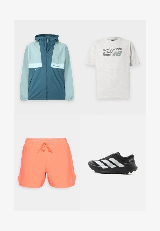 Blå og lysegrøn Columbia hættetrøje med lynlås foran, sidelommer og elastiske ærmegab, vist på en hvid baggrund.; Lysegrå T-shirt med korte ærmer med teksten "new balance athletic shoes" og en stiliseret "NB" logo i mørkegrå på brystet.; Neon orange atletikshorts med en åndbar meshstruktur, elastisk talje med snor og sidelommer. Sølvlogo-detalje på venstre side.; Sort og hvid Adidas Terrex trail løbesko med tyk sål og mønstret ydersål, sidevisning på ensartet lys baggrund.