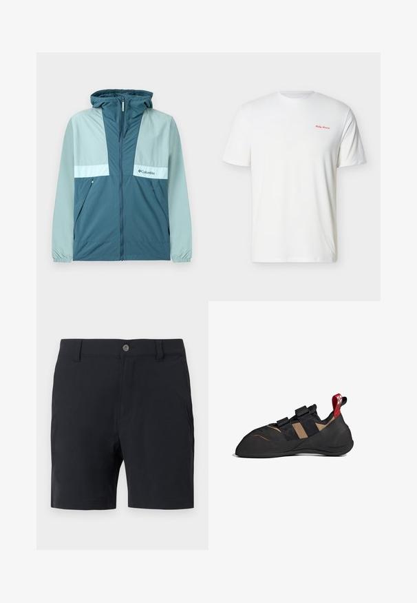 Cortavientos Columbia azul y verde agua claro con capucha, cremallera frontal, bolsillos laterales y puños elásticos, exhibido sobre un fondo blanco.; Camiseta blanca de manga corta con cuello redondo y pequeño logo rojo de "Helly Hansen" en el pecho, parte superior izquierda.; Pantalones cortos negros hasta la rodilla con trabillas para cinturón, cierre frontal con botón y bolsillos laterales, mostrados sobre un fondo blanco.; Zapato de escalada con un upper sintético negro y marrón, que cuenta con dos correas de Velcro, una suela de goma y un tirador rojo en el talón.