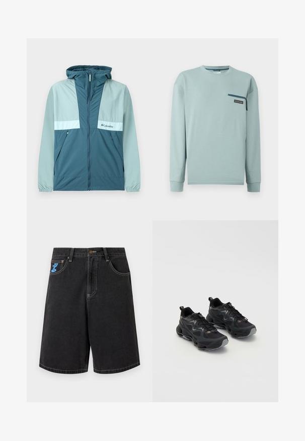 Coupe-vent à capuche Columbia bleu et bleu sarcelle clair avec fermeture éclair à l'avant, poches latérales et poignets élastiques, présenté sur fond blanc.; Chemise bleu clair à manches longues avec col rond et petite poche poitrine zippée avec un patch logo Columbia sur le côté droit.; Short en denim noir avec coutures blanches, bouton à l'avant, passants pour ceinture, deux poches latérales et un logo bleu sur la petite poche avant droite.; Chaussures de sport noires avec une tige en maille texturée, dotées d'une semelle épaisse, d'un système de laçage et de subtils accents gris.