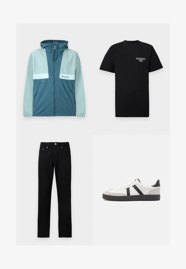 Blå og lysegrøn Columbia hættetrøje med lynlås foran, sidelommer og elastiske ærmegab, vist på en hvid baggrund.; Sort bomulds T-shirt med korte ærmer og rund hals, med et hvidt trykt logo på venstre bryst. Glat tekstur, standard pasform.; Sorte jeans med lige ben, frontknapper, lynlås, bæltestropper og fem lommer på en lys grå baggrund.; Hvide sneakers med sorte og grå detaljer, med en tekstureret grå tåhætte, sort gummisål og flade hvide snørebånd. Rent design, minimalistisk stil.