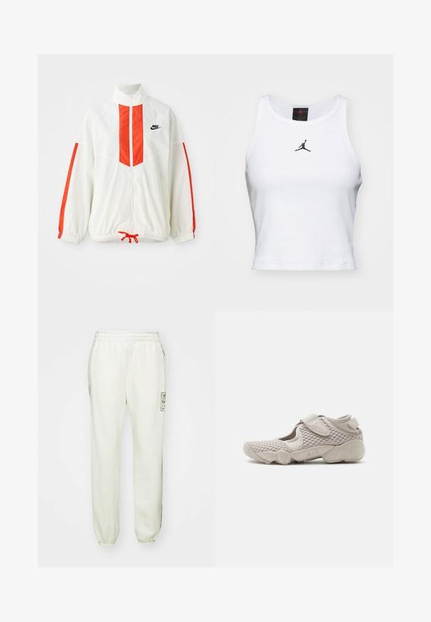 Weiße Windjacke mit roten vertikalen Streifen und Kordelzug am Saum. Verfügt über einen stehenden Kragen und einen Reißverschluss auf der Vorderseite. Nike-Logo auf der Brust.; Weißes Crop-Top aus Baumwolle mit geripptem Struktur. Verfügt über ein schwarzes Jordan-Logo in der Mitte und einen klassischen Rundhalsausschnitt.; Helle beige Jogginghose mit elastischem Bund, seitlichen Taschen und gerippten Säumen. Verfügt über ein grafisches Logo am linken Oberschenkel.; Hellbeiger Sportschuh mit Mesh-Obermaterial, verstellbarem Riemen und gepolsterter Sohle mit der Bezeichnung "AIR", seitlich auf weißem Hintergrund dargestellt.